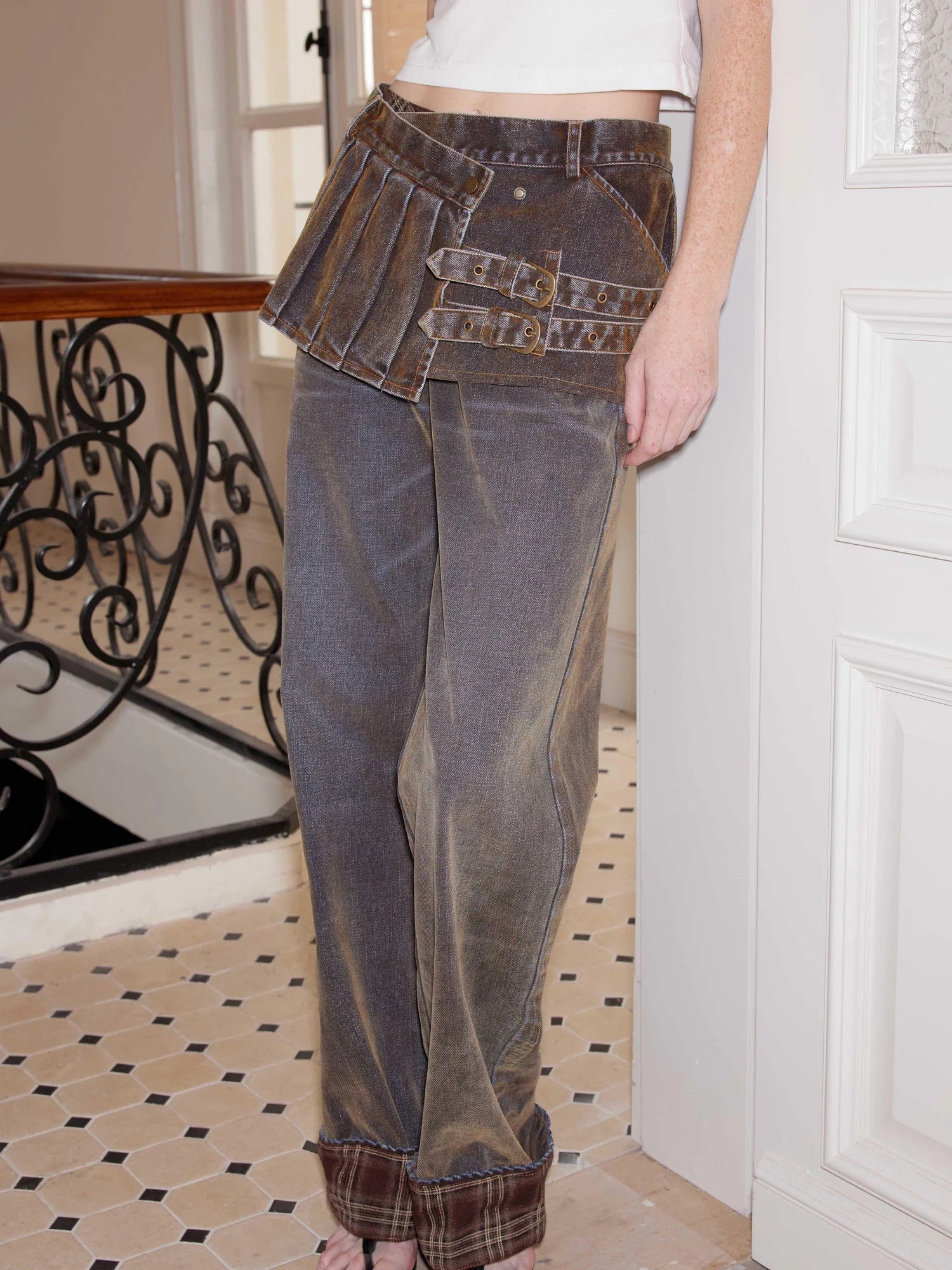 Flared Patchwork Leopard Check Lace Trim Denim With Detachable Skirt