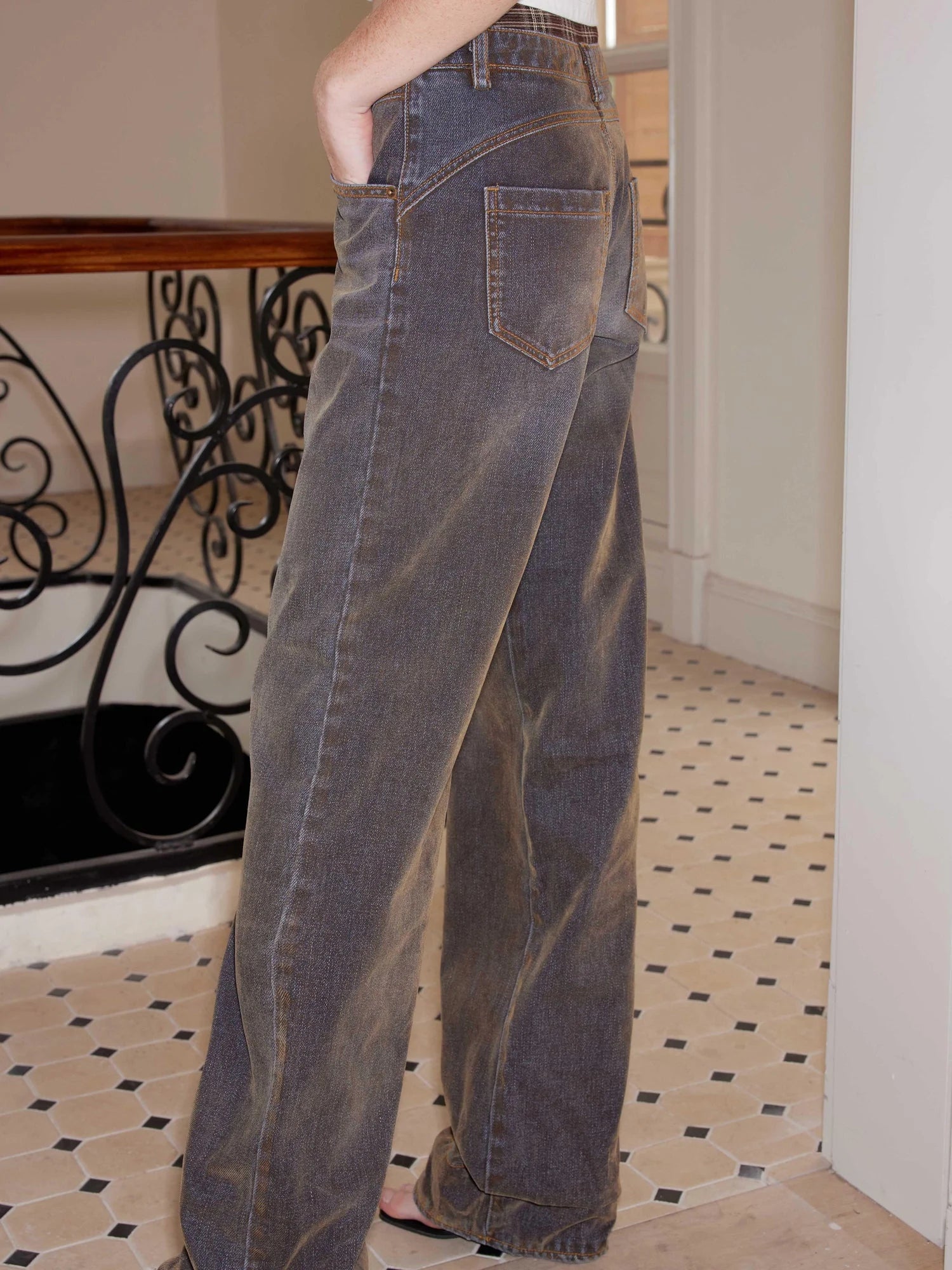 Flared Patchwork Leopard Check Lace Trim Denim With Detachable Skirt