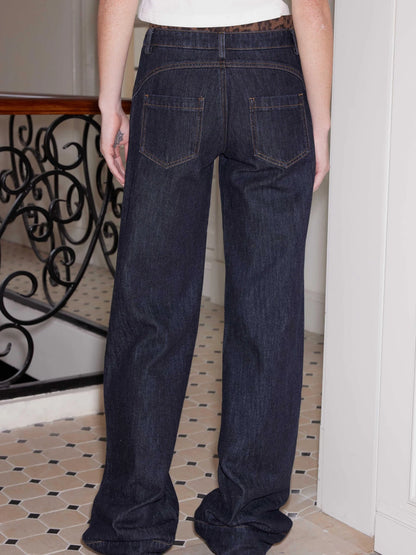 Flared Patchwork Leopard Check Lace Trim Denim With Detachable Skirt