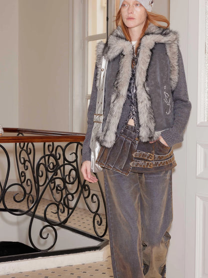 Flared Patchwork Leopard Check Lace Trim Denim With Detachable Skirt