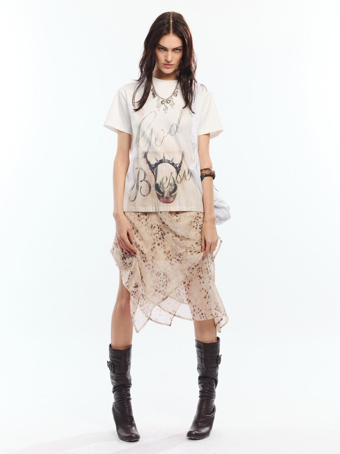 2th Desire Flattering High Waist A Line Printed Tie Waist Youth Off White Midi Skirts