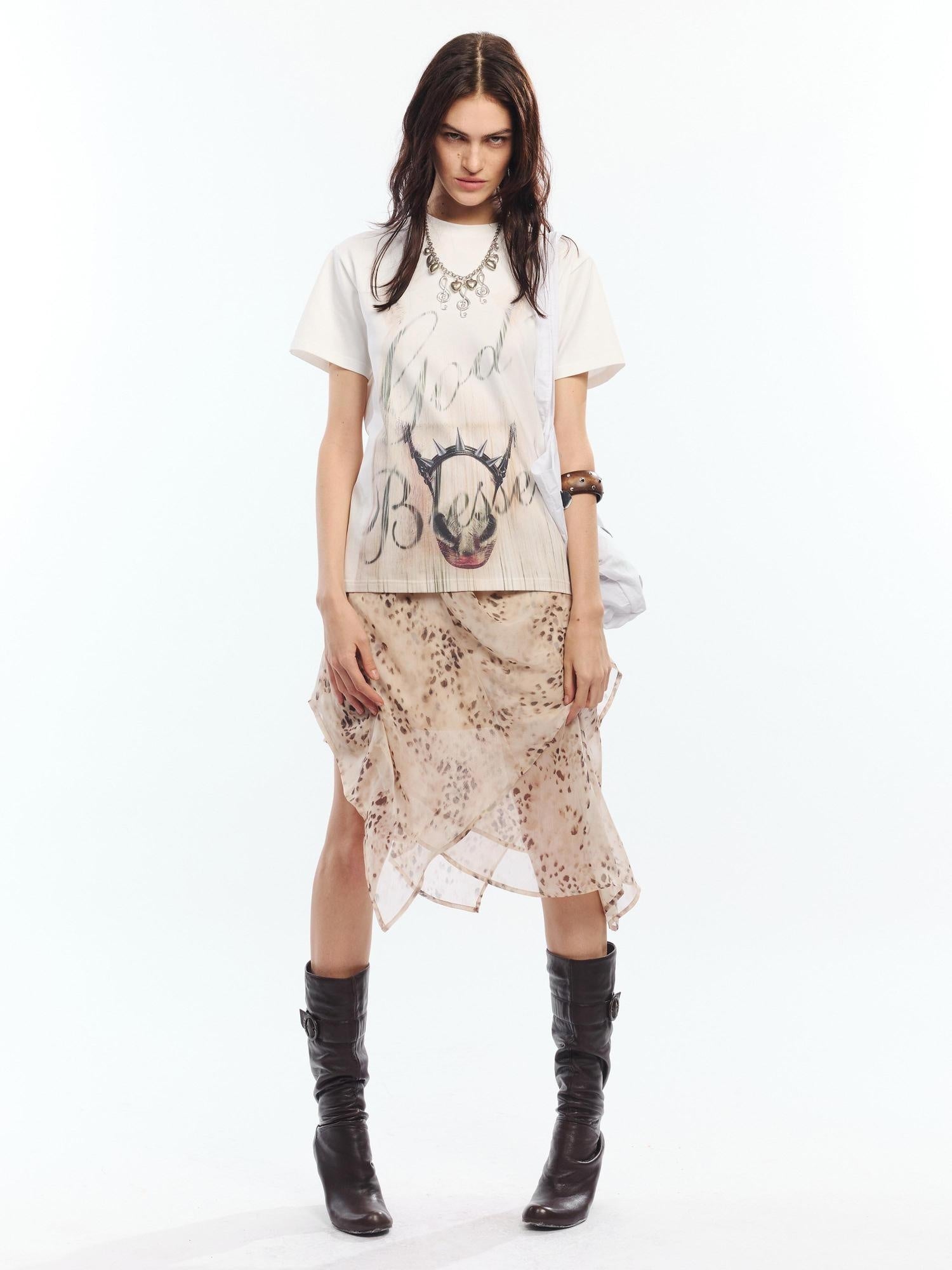 2th Desire Flattering High Waist A Line Printed Tie Waist Youth Off White Midi Skirts