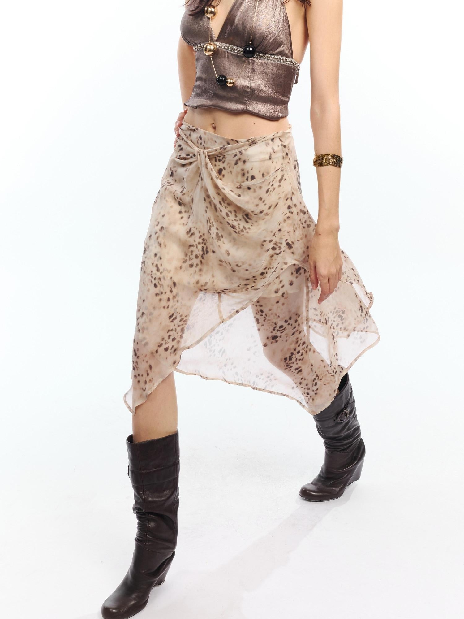 2th Desire Flattering High Waist A Line Printed Tie Waist Youth Off White Midi Skirts