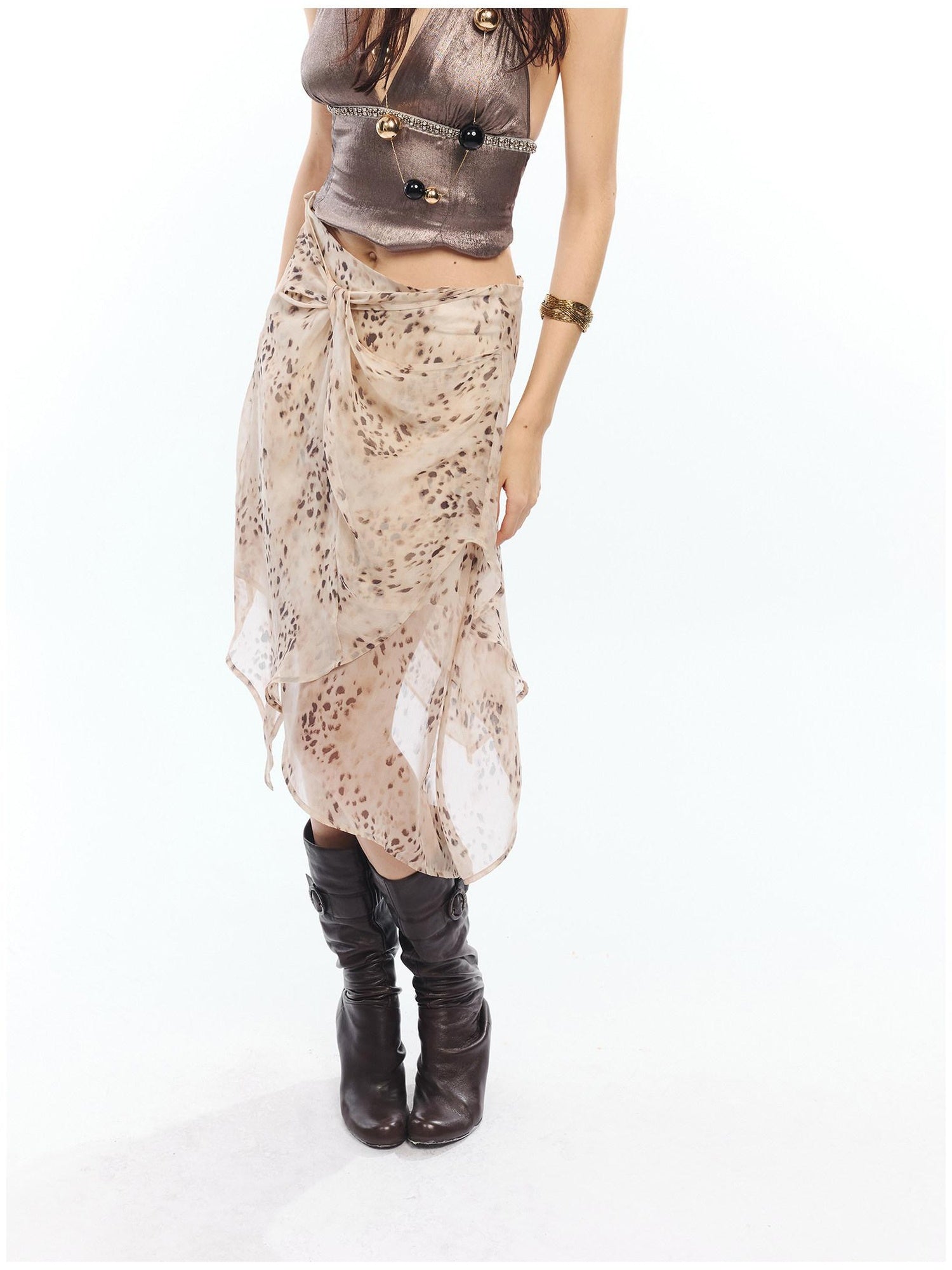 2th Desire Flattering High Waist A Line Printed Tie Waist Youth Off White Midi Skirts