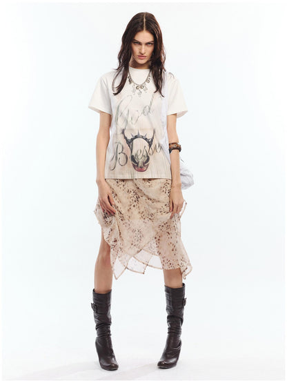 2th Desire Flattering High Waist A Line Printed Tie Waist Youth Off White Midi Skirts