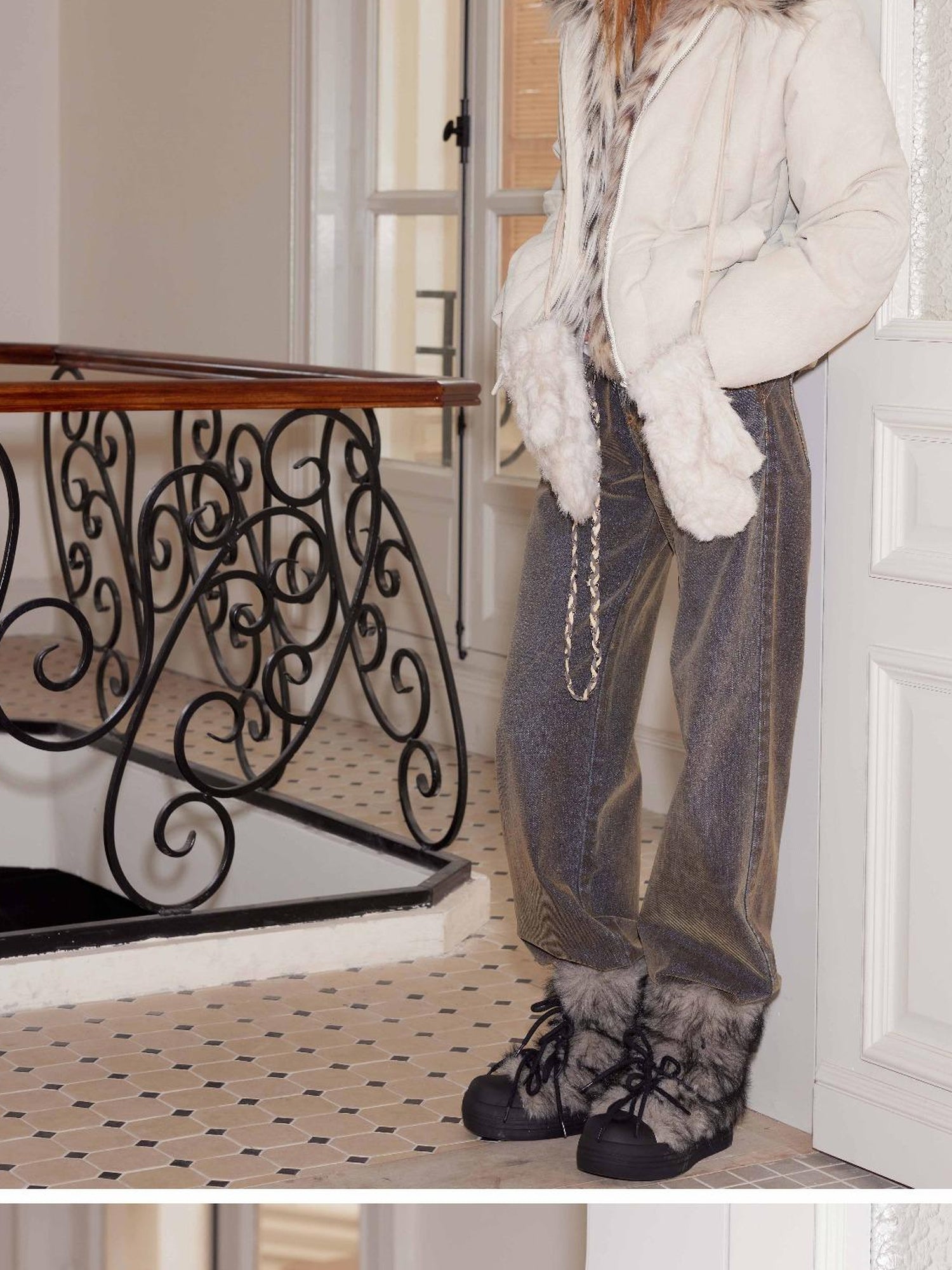 2th Desire Fleece Lined Mittens with Neck Cord Fur Gloves for Women