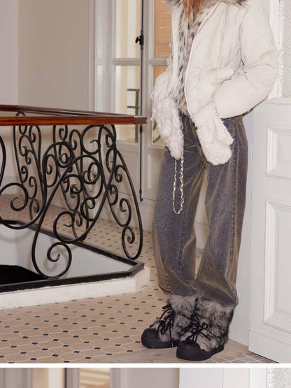 2th Desire Fleece Lined Mittens with Neck Cord Fur Gloves for Women