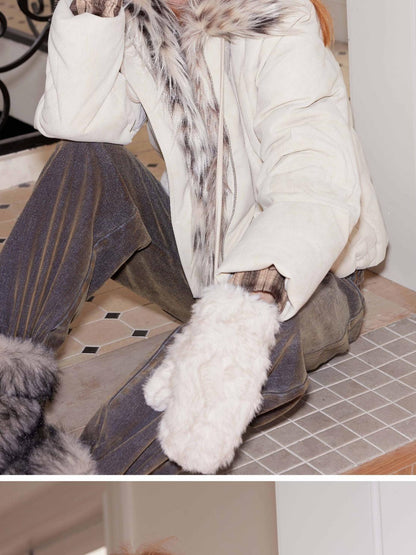 2th Desire Fleece Lined Mittens with Neck Cord Fur Gloves for Women