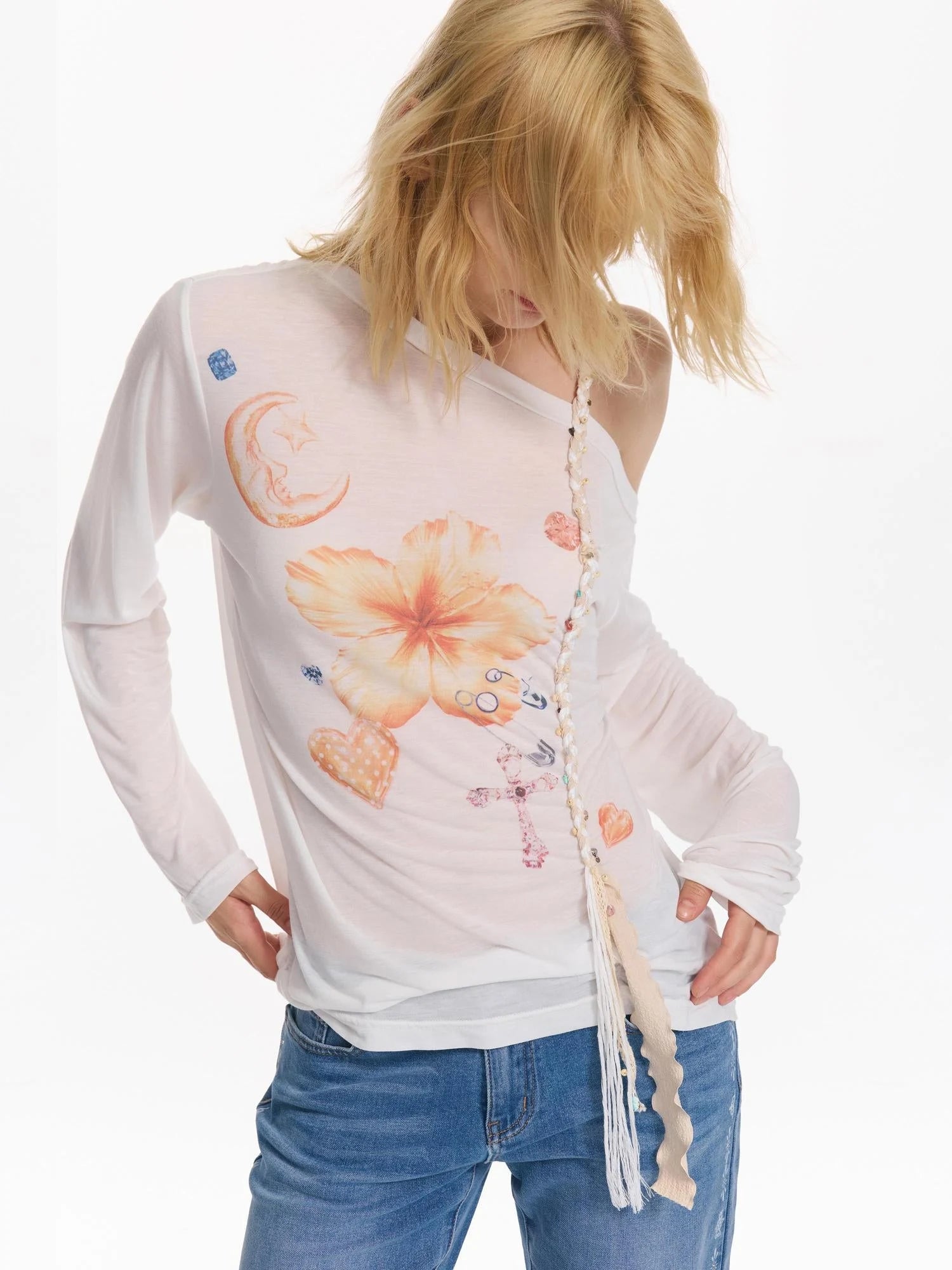 Floral Print Braided Strap Off Shoulder Sun Protection T-shirt