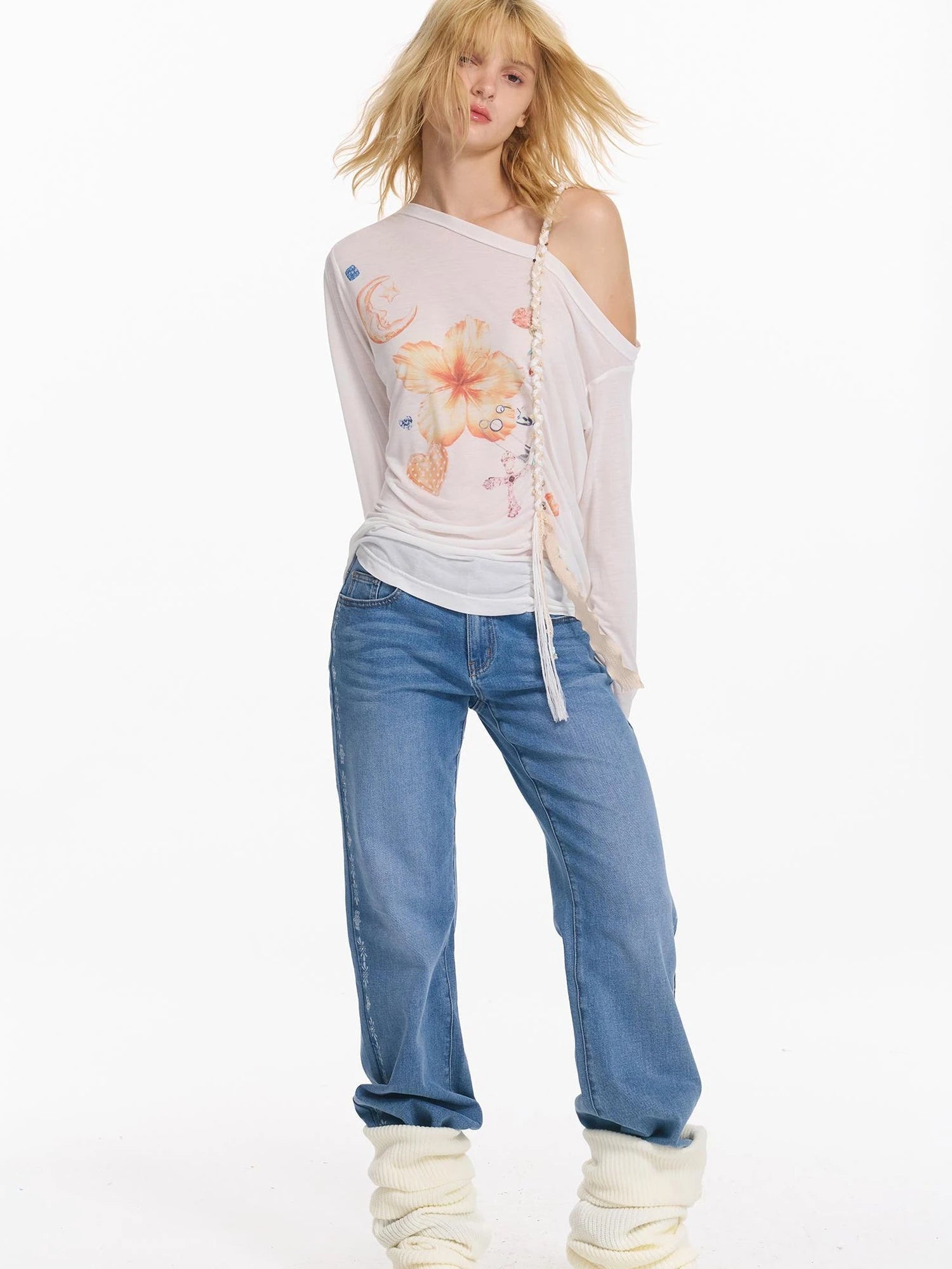 Floral Print Braided Strap Off Shoulder Sun Protection T-shirt