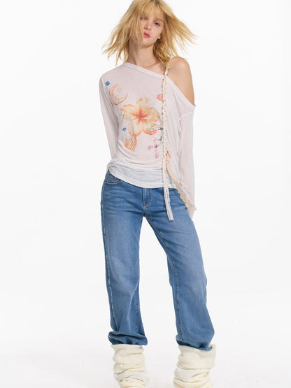Floral Print Braided Strap Off Shoulder Sun Protection T-shirt