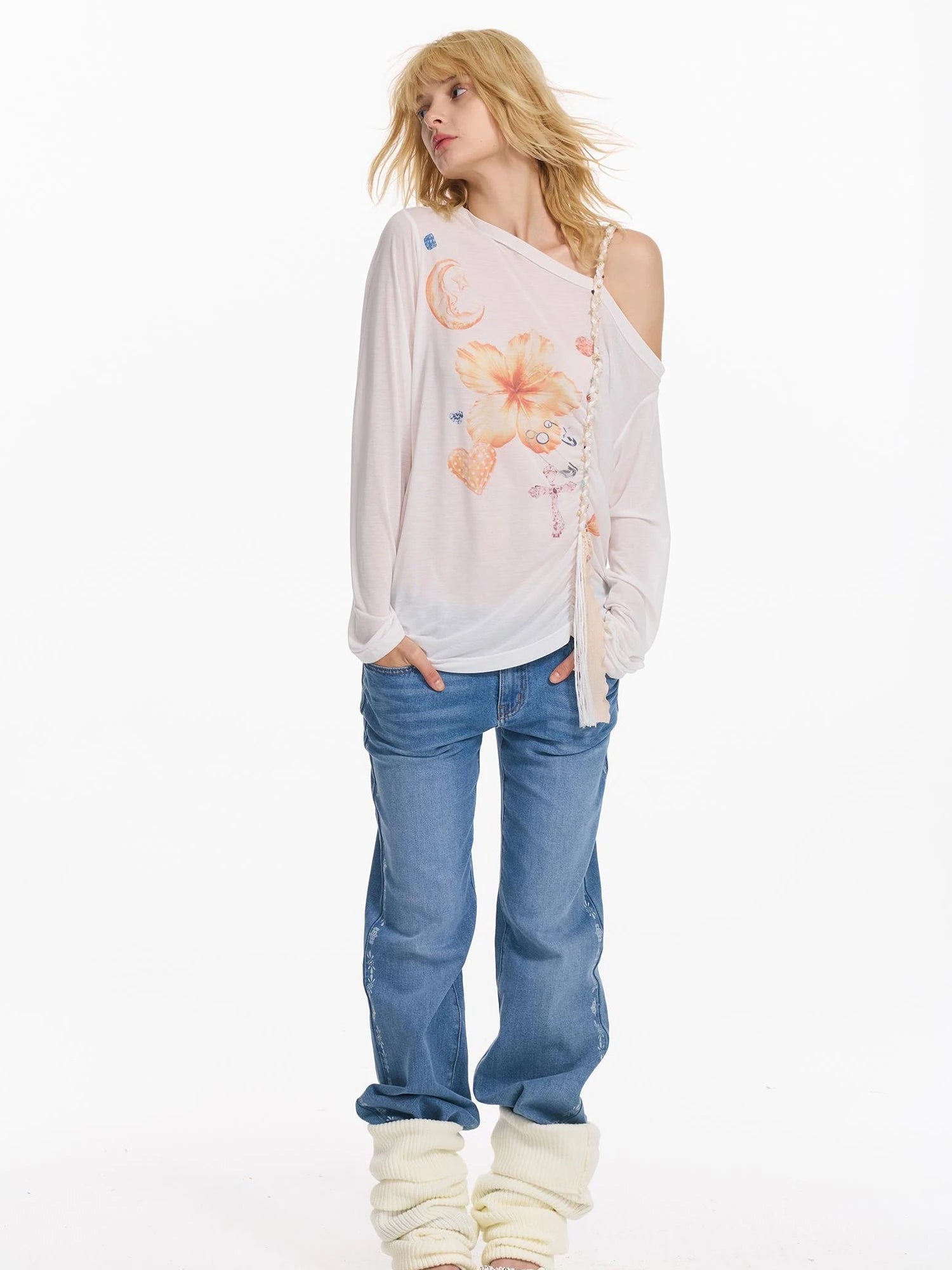 Floral Print Braided Strap Off Shoulder Sun Protection T-shirt