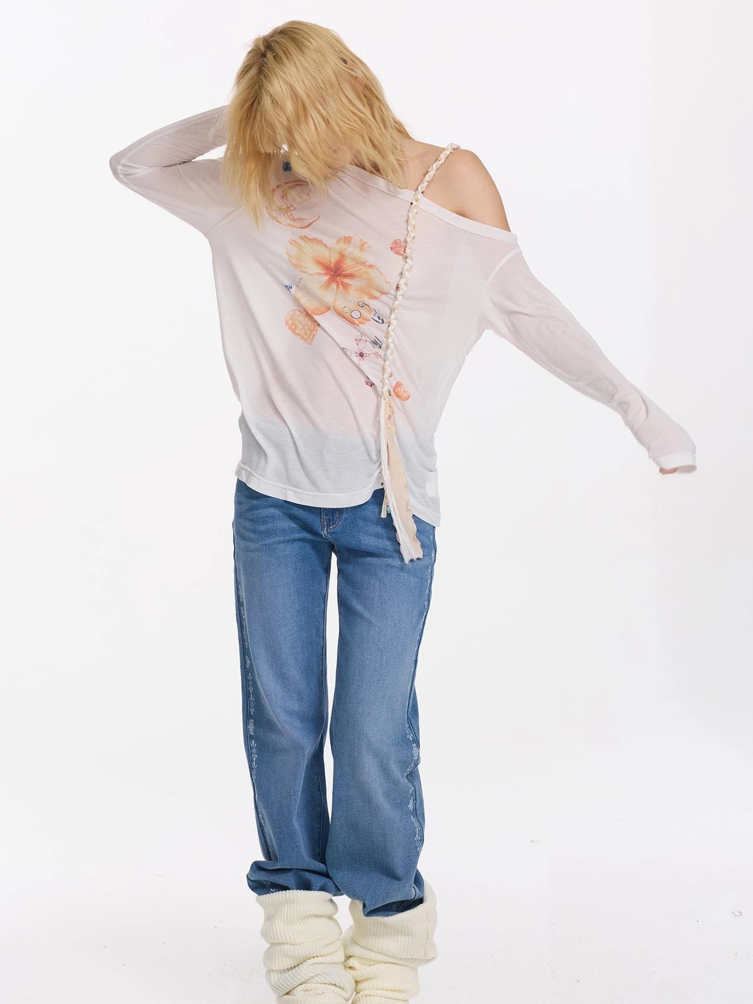 Floral Print Braided Strap Off Shoulder Sun Protection T-shirt