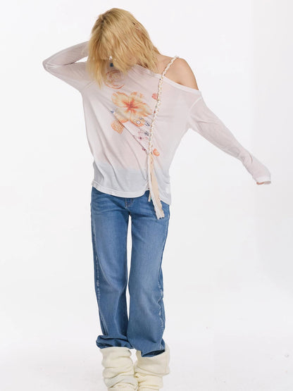 Floral Print Braided Strap Off Shoulder Sun Protection T-shirt