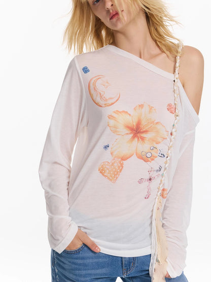 Floral Print Braided Strap Off Shoulder Sun Protection T-shirt