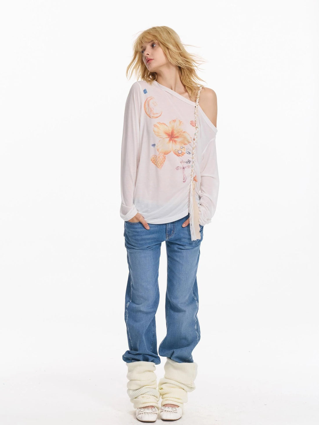 Floral Print Braided Strap Off Shoulder Sun Protection T-shirt