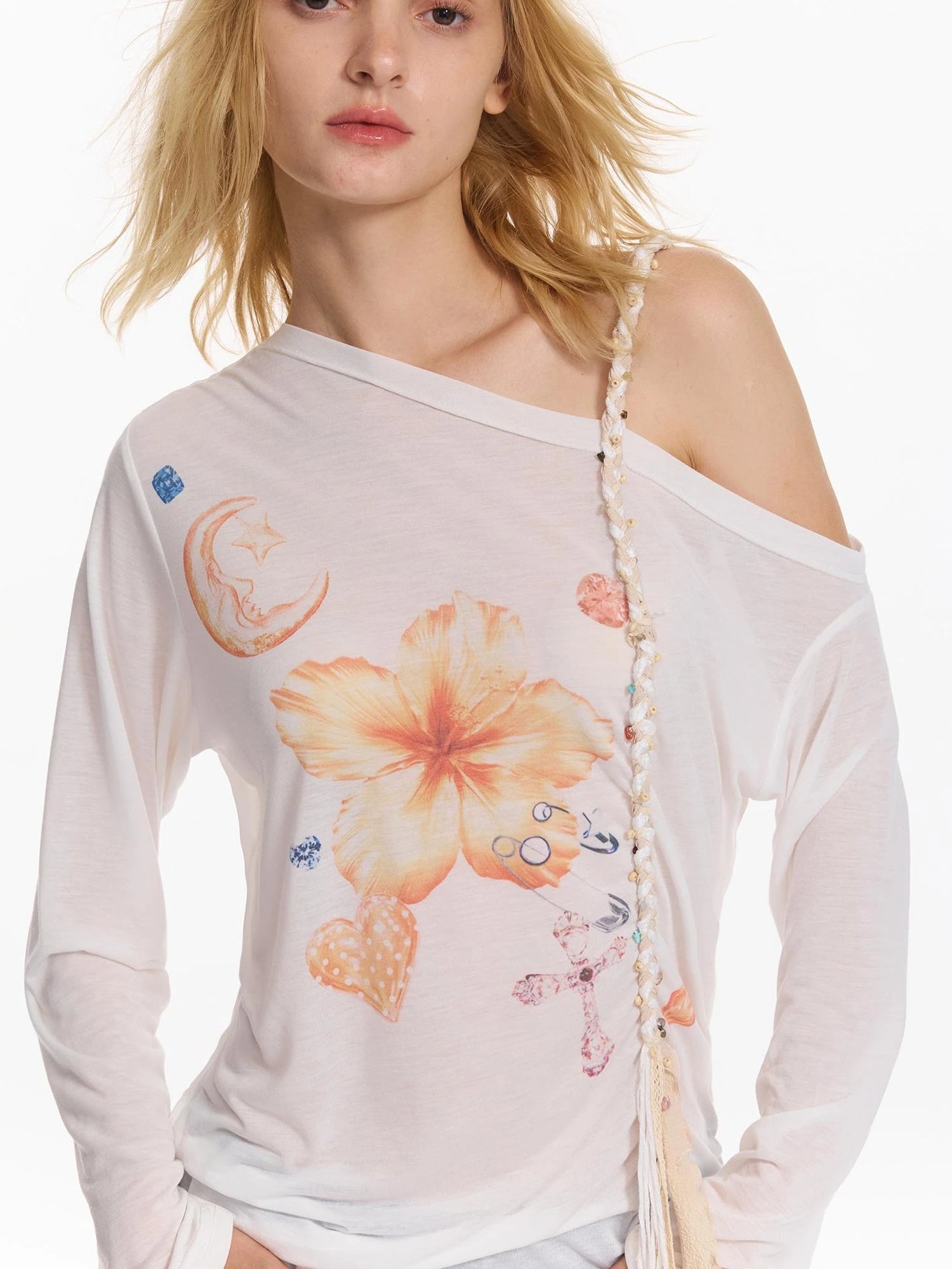 Floral Print Braided Strap Off Shoulder Sun Protection T-shirt