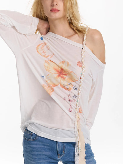 Floral Print Braided Strap Off Shoulder Sun Protection T-shirt