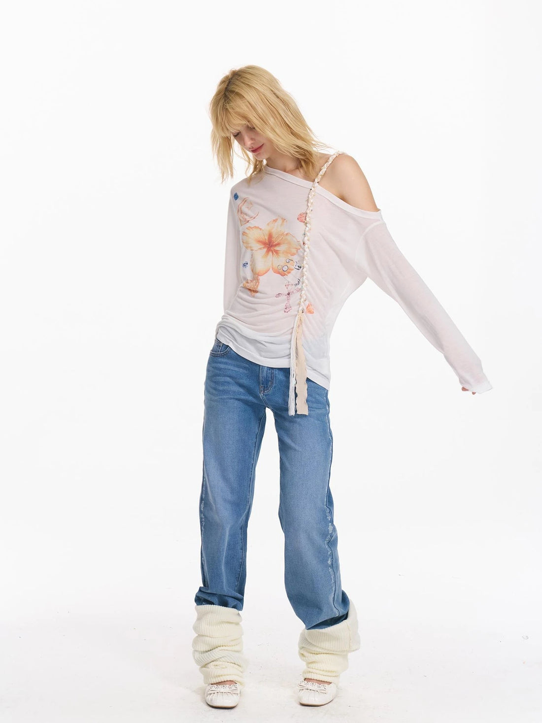 Floral Print Braided Strap Off Shoulder Sun Protection T-shirt