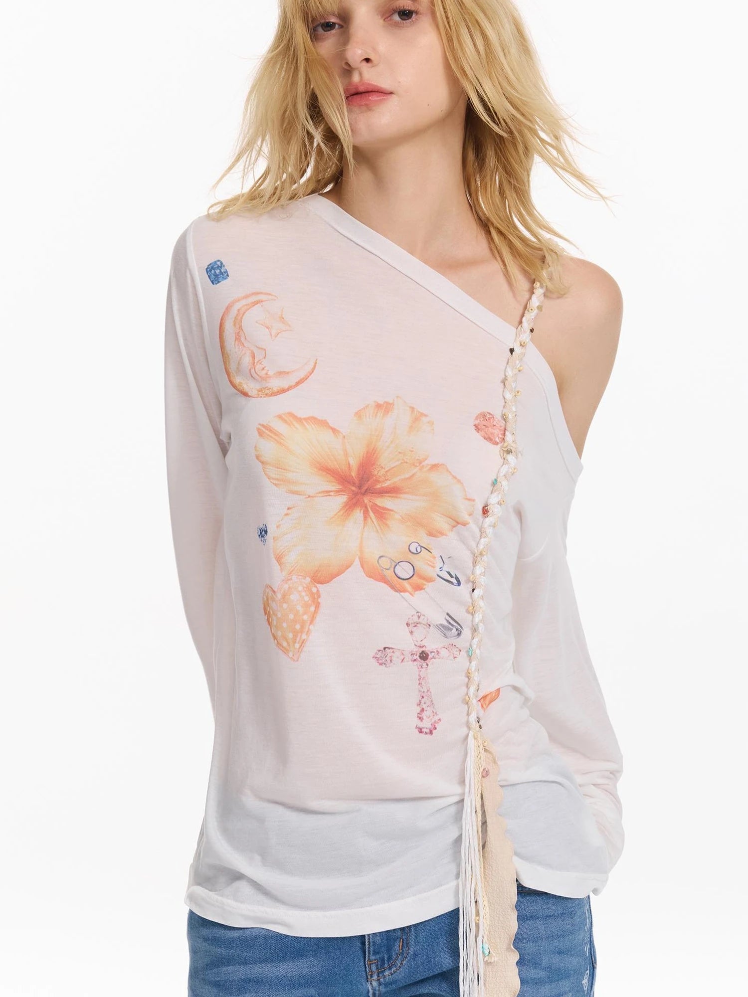 Floral Print Braided Strap Off Shoulder Sun Protection T-shirt