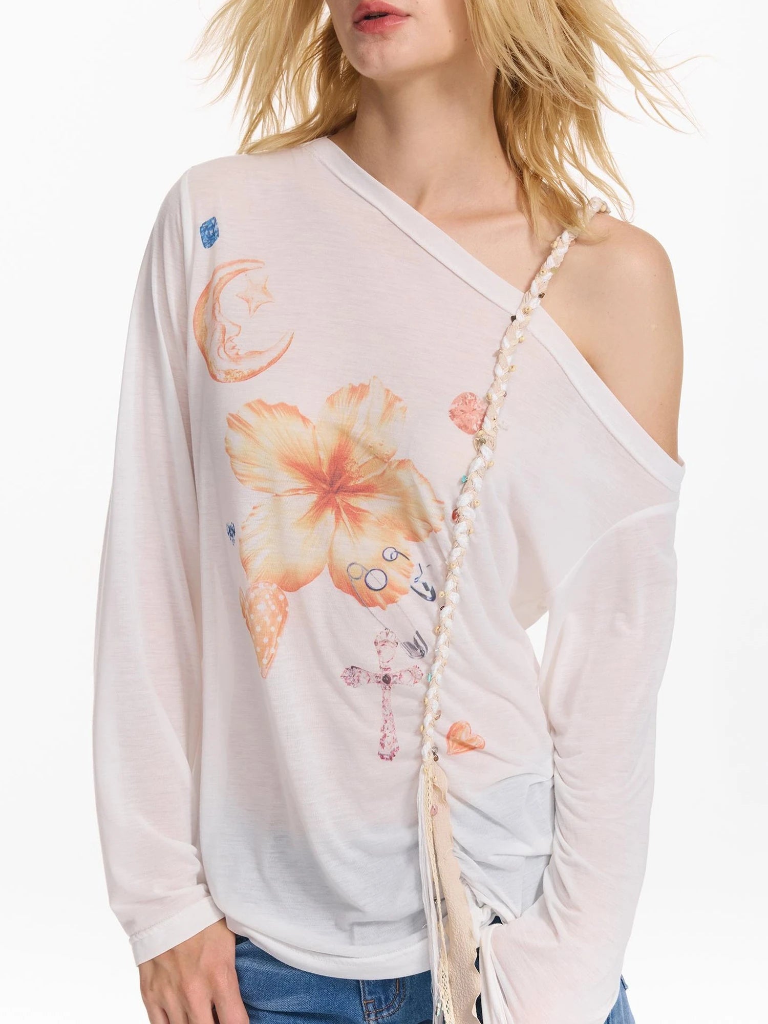 Floral Print Braided Strap Off Shoulder Sun Protection T-shirt