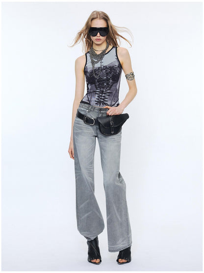 2th Desire Floral Print Slim Fit Reversible U Neck Cropped Women Polyester Stretch Tank Tops