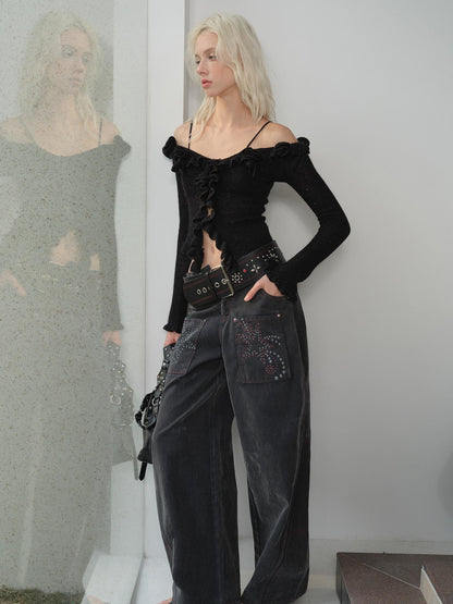 2th Desire Fluffy Luminous Knit Top With Lace Trim Off Shoulder Long Sleeve
