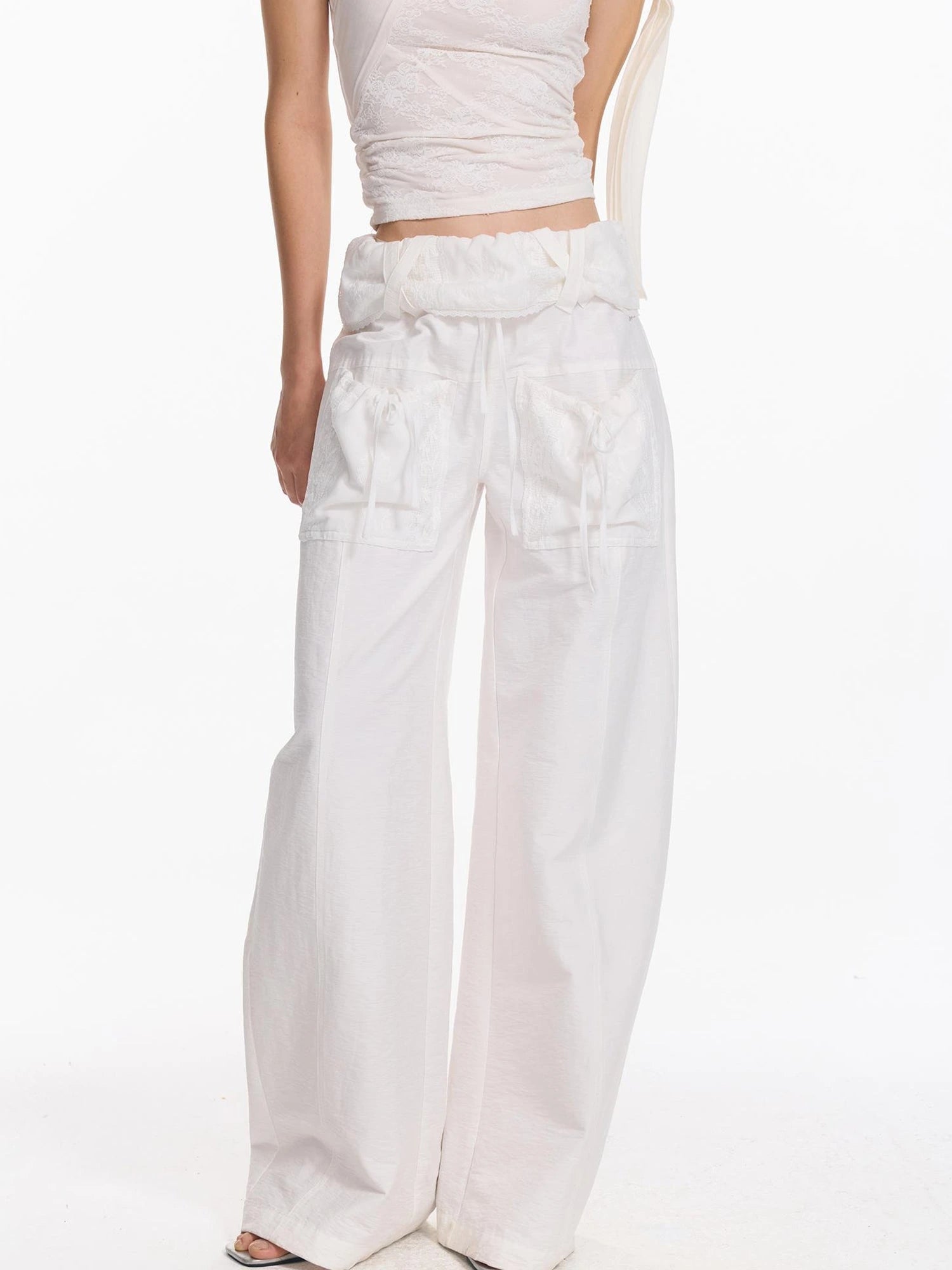 Folded Bubble Waist Drawstring Wide Leg Pants