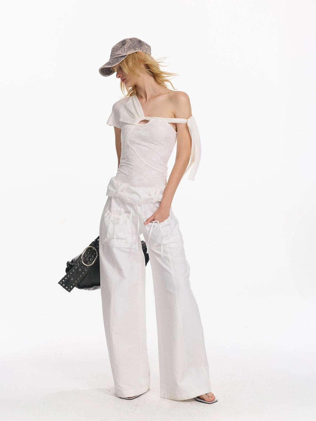 Folded Bubble Waist Drawstring Wide Leg Pants