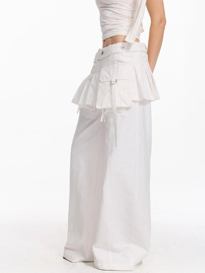 Folded Bubble Waist Drawstring Wide Leg Pants