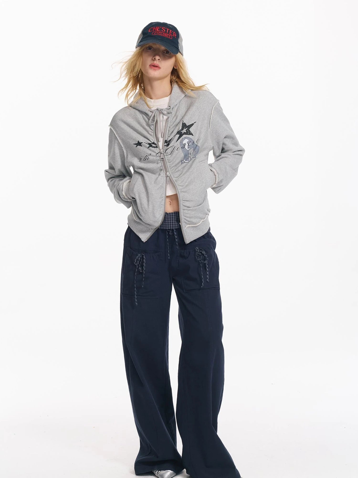 Folded Bubble Waist Drawstring Wide Leg Pants