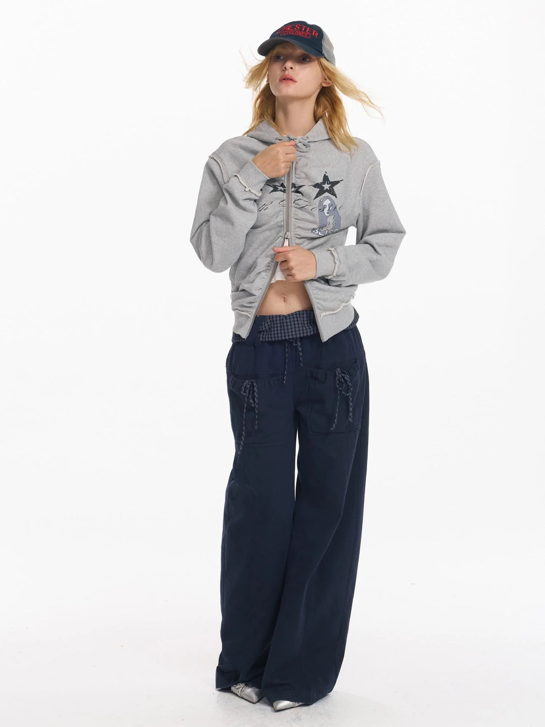 Folded Bubble Waist Drawstring Wide Leg Pants