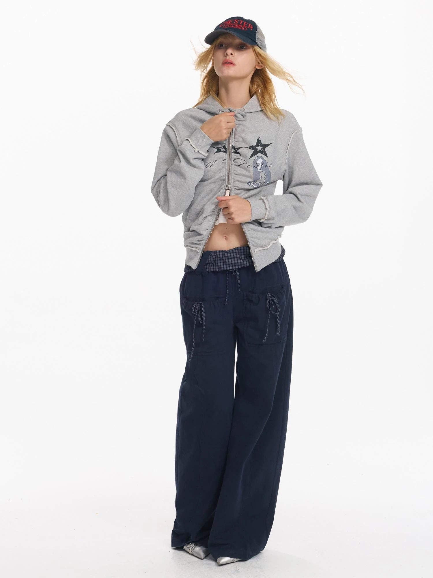 Folded Bubble Waist Drawstring Wide Leg Pants