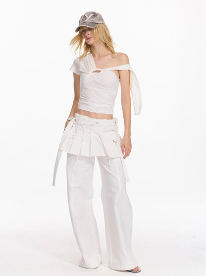 Folded Bubble Waist Drawstring Wide Leg Pants