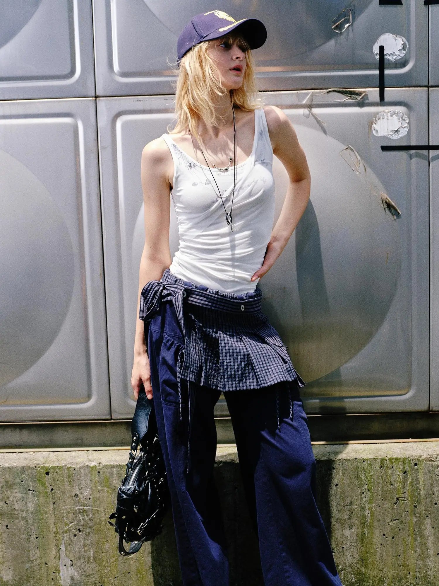 Folded Bubble Waist Drawstring Wide Leg Pants