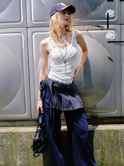 Folded Bubble Waist Drawstring Wide Leg Pants