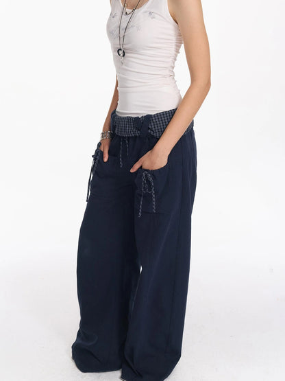Folded Bubble Waist Drawstring Wide Leg Pants