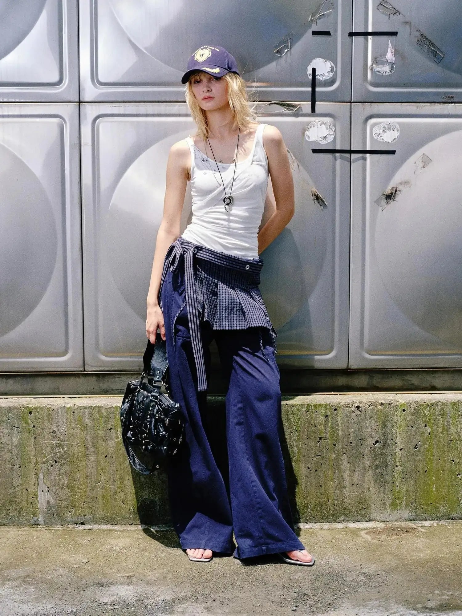 Folded Bubble Waist Drawstring Wide Leg Pants