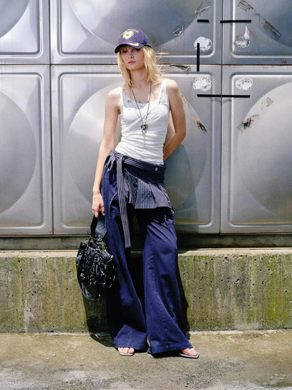 Folded Bubble Waist Drawstring Wide Leg Pants