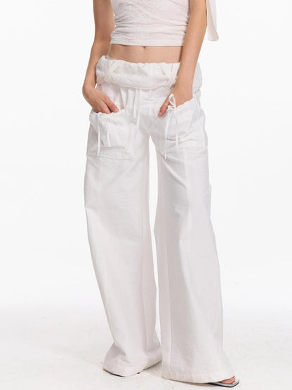 Folded Bubble Waist Drawstring Wide Leg Pants