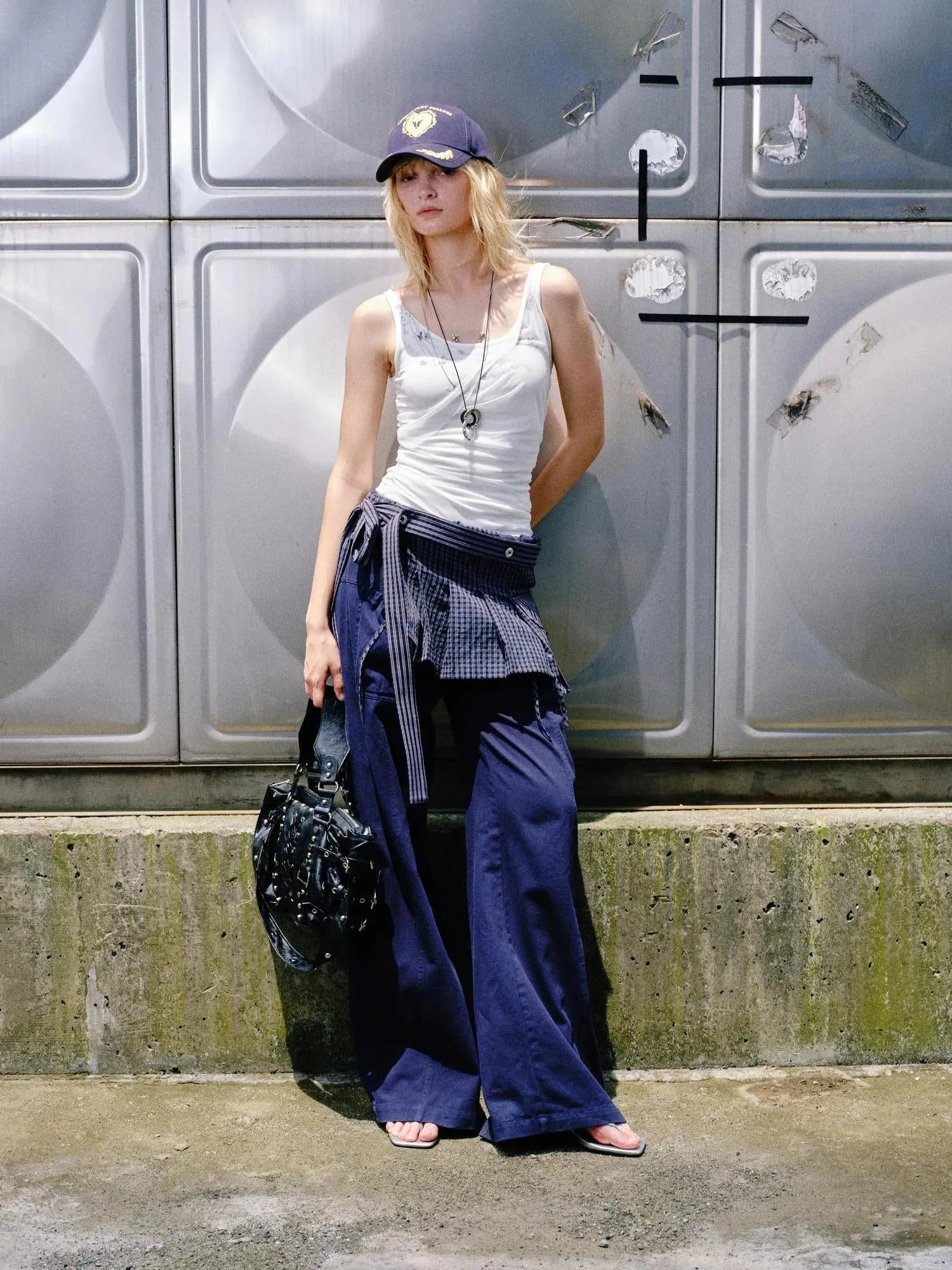Folded Bubble Waist Drawstring Wide Leg Pants