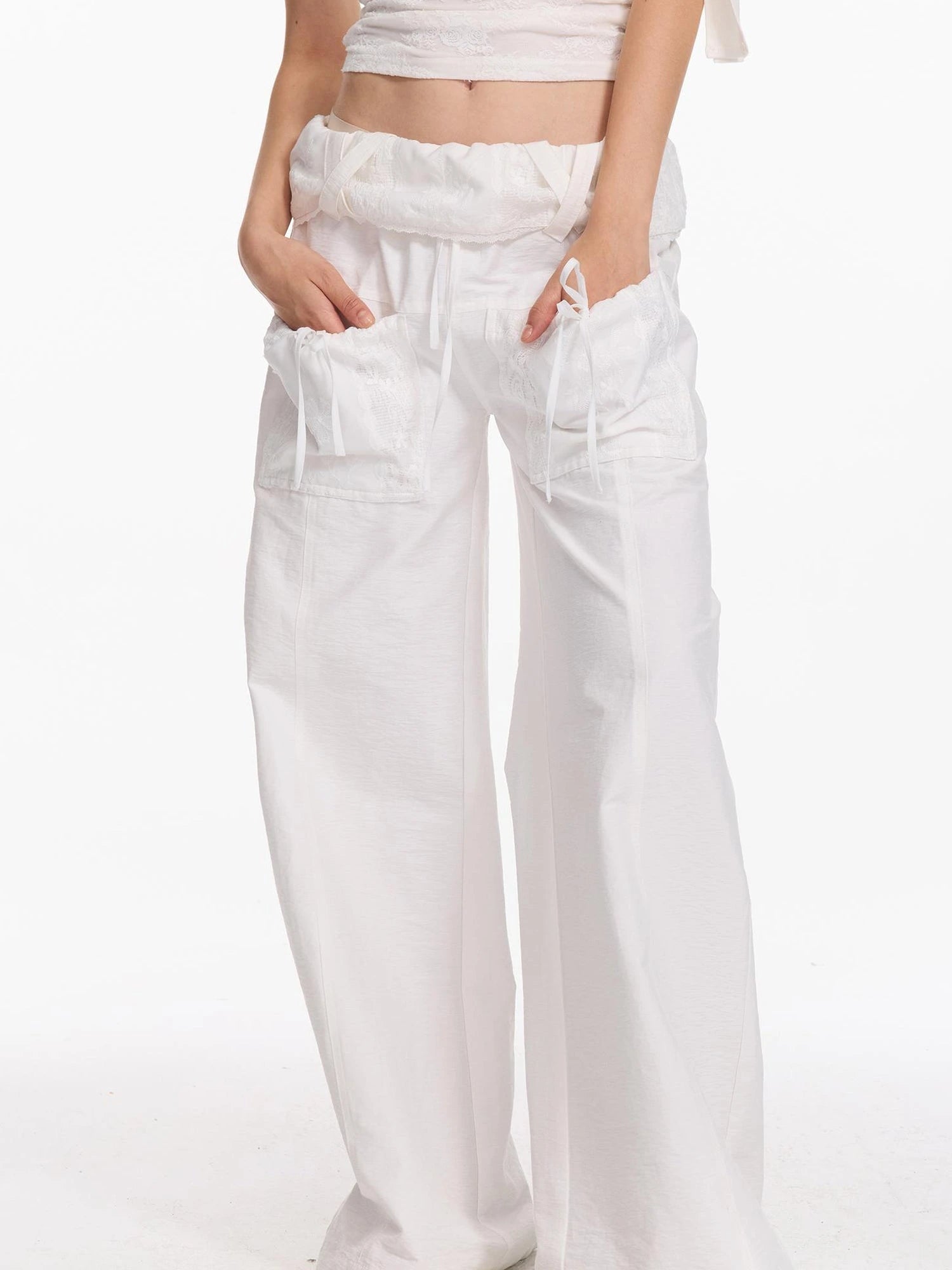 Folded Bubble Waist Drawstring Wide Leg Pants