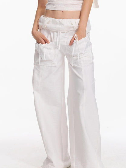 Folded Bubble Waist Drawstring Wide Leg Pants