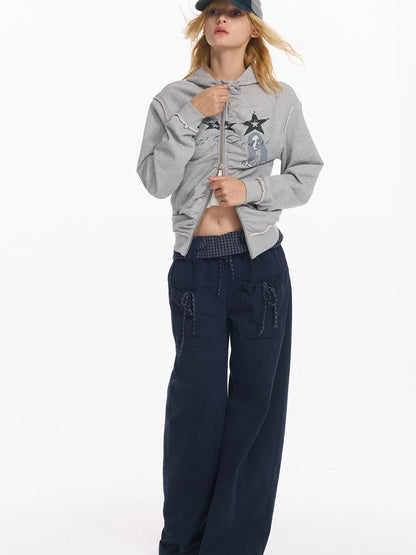 Folded Bubble Waist Drawstring Wide Leg Pants