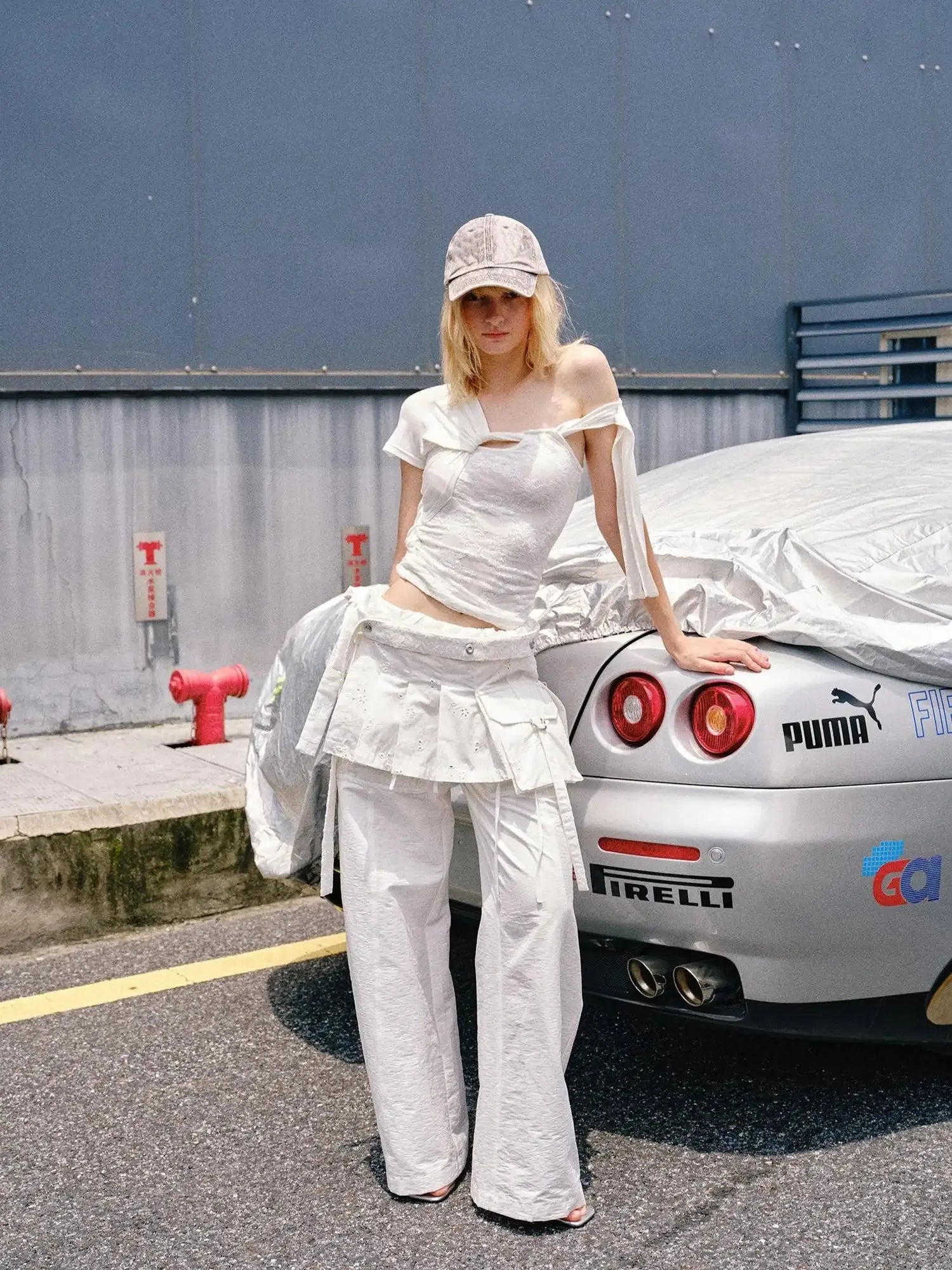 Folded Bubble Waist Drawstring Wide Leg Pants