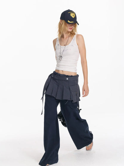 Folded Bubble Waist Drawstring Wide Leg Pants