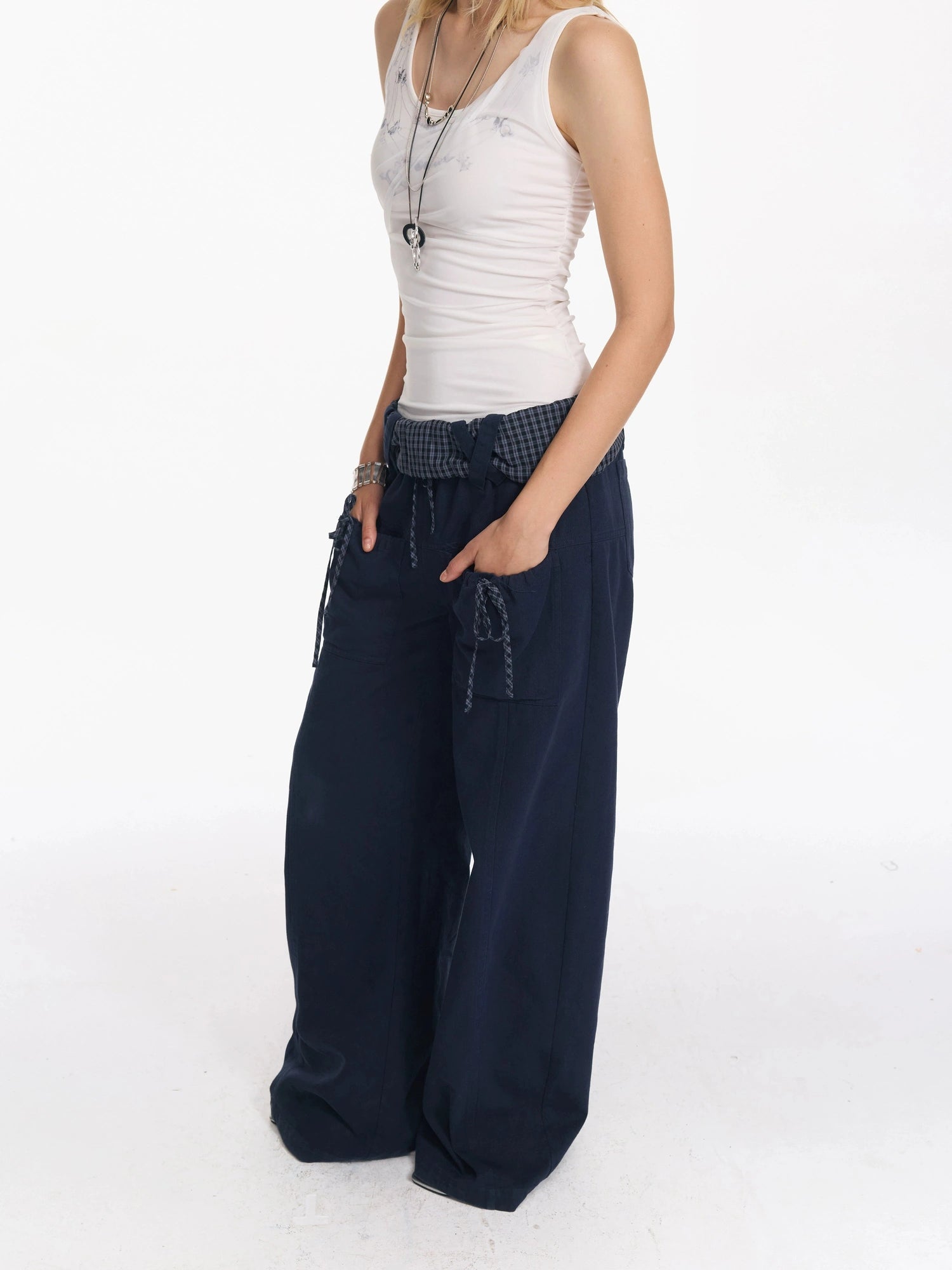 Folded Bubble Waist Drawstring Wide Leg Pants