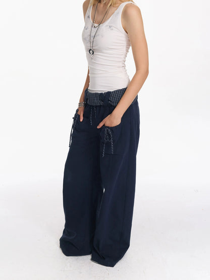 Folded Bubble Waist Drawstring Wide Leg Pants