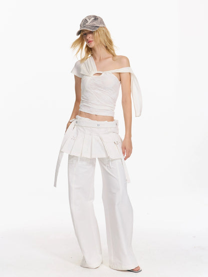 Folded Bubble Waist Drawstring Wide Leg Pants