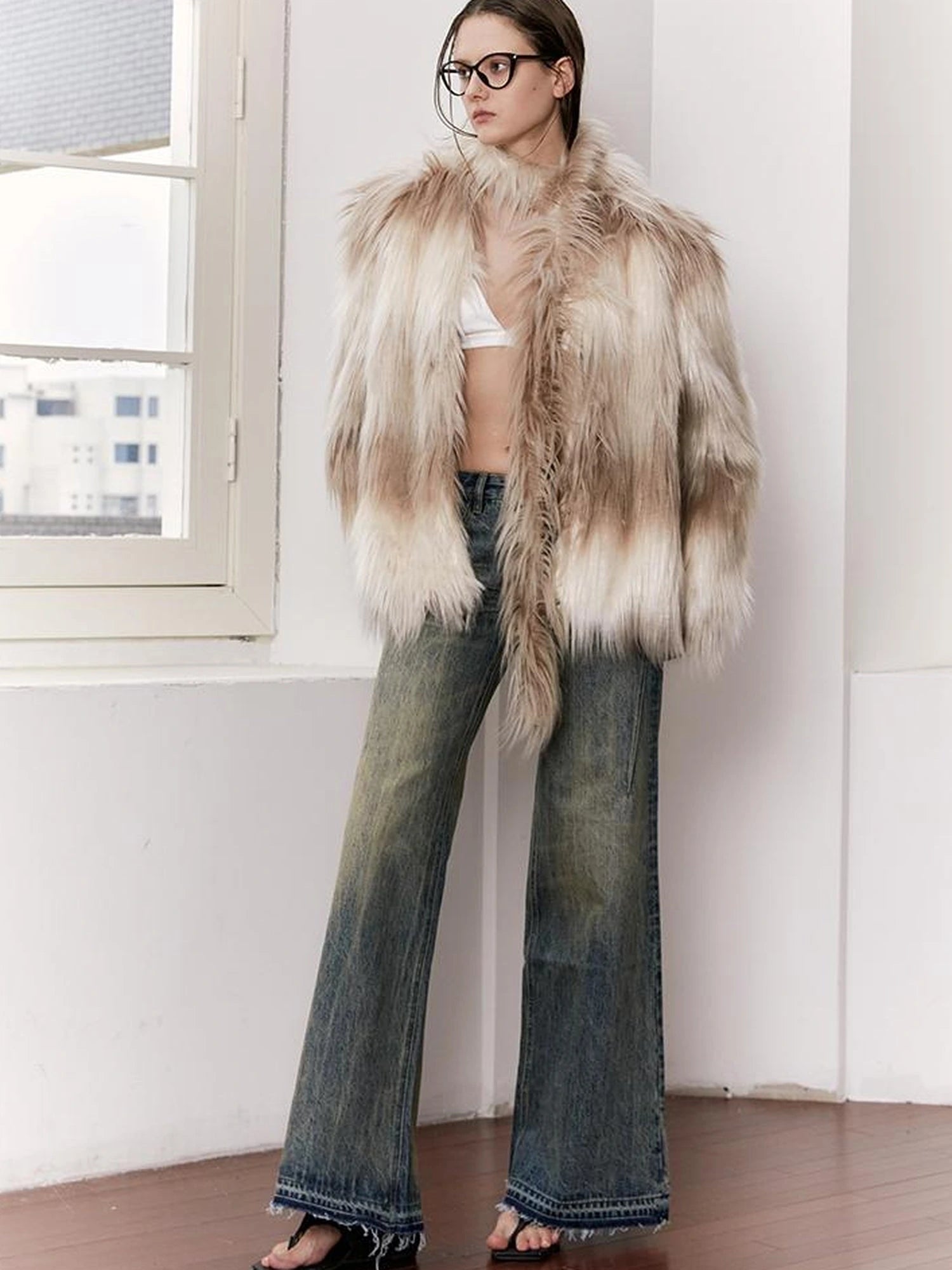 Gradient Eco Faux Fur Long Coat For Women